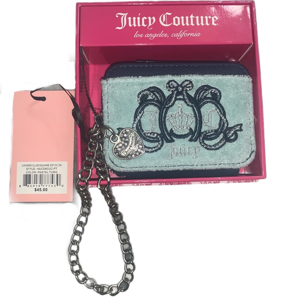 Juicy Couture Blue Card Holder with Chain Wristlet Lovers Club Turquoise Wallet